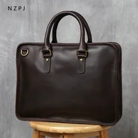 NZPJ Retro Men's Briefcase Leather Laptop Bag Top Layer Cowhide Casual Handbag 14 Inch Business Shoulder Bag Messenger Bag 1