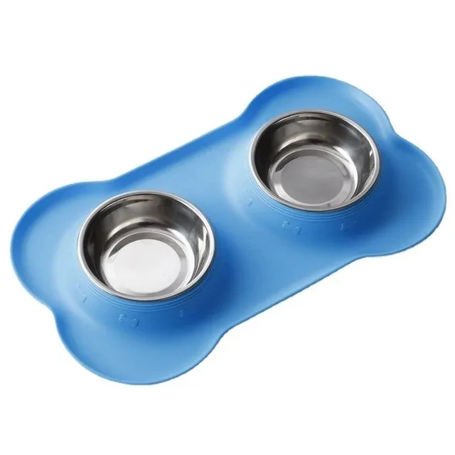 thumbnail image 1 of Cuenco doble antideslizante para perros con tapete de silicona, comedero para agua y comida de acero inoxidable duradero, cuencos para beber y alimentar mascotas para perros y gatos, 1 of 5