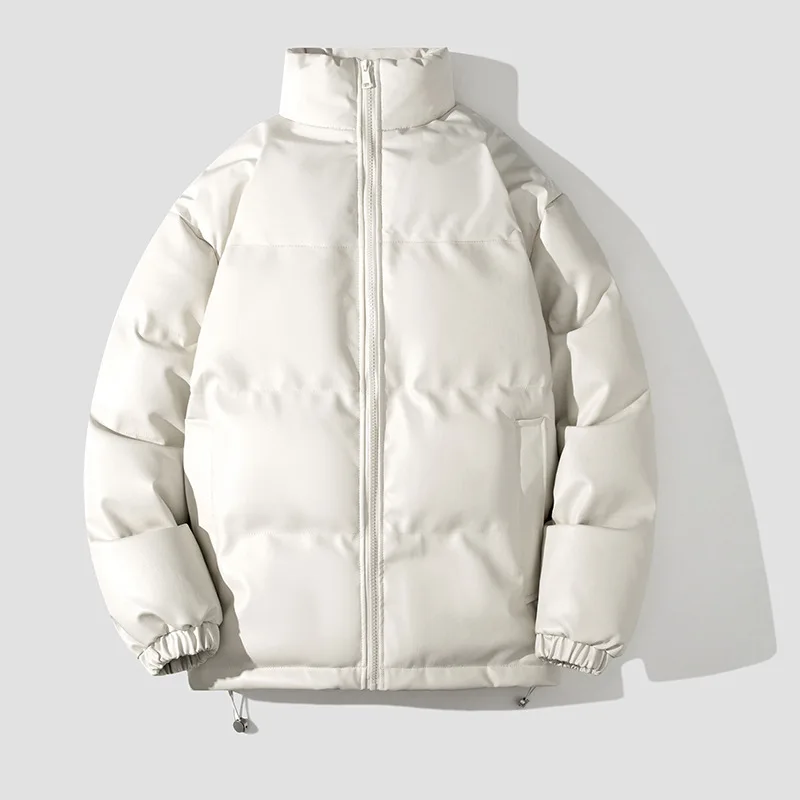 PU Parkas Men Winter Padded Jacket PU Coat Fashion Casual Solid Color Parkas Male Loose Style Stand Collar Parkas Black