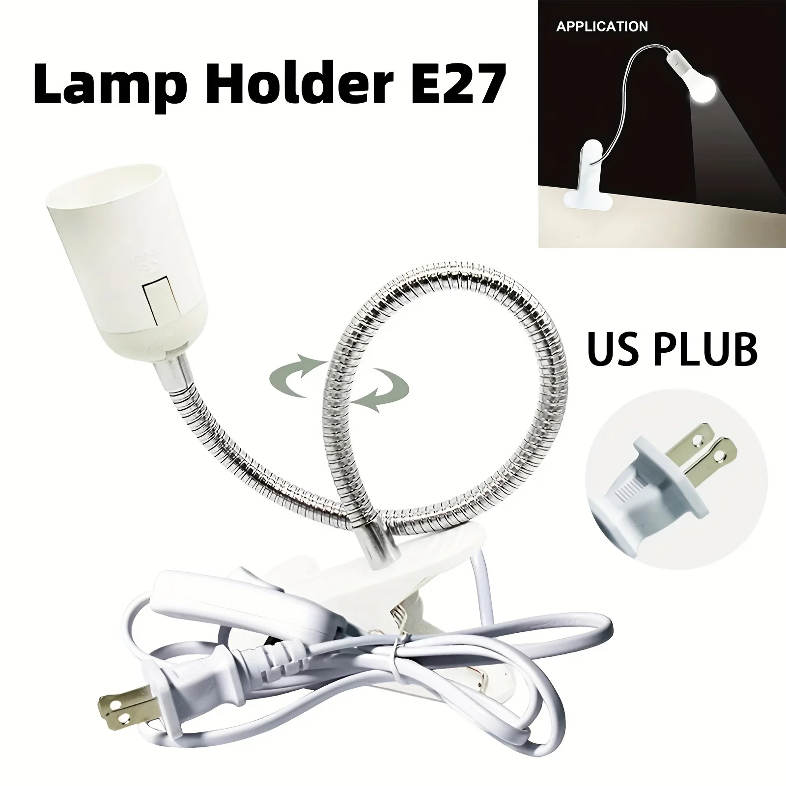 Description Picture 2 of itemDesk Lamp Holder with Us Plug - E27 Socket 360° Rotatable Metal Cable Management White Light Bulb Socket Adapter Hanging Lamp