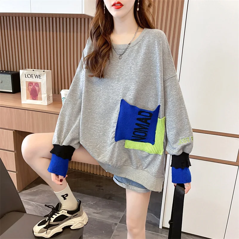 

Women's Hoodie Sweatshirt Autumn Korean O Neck Long Sleeved Sweater for Women New Fashion Loose Casual Patchwork Pullover Tops
