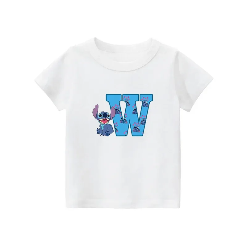 thumbnail image 1 of Nueva camiseta de algodón con letras ABCD de Stitch para niños, camisetas con combinación de nombres para niñas y niños, camisetas de dibujos animados Kawaii, ropa informal para niños, 1 of 5