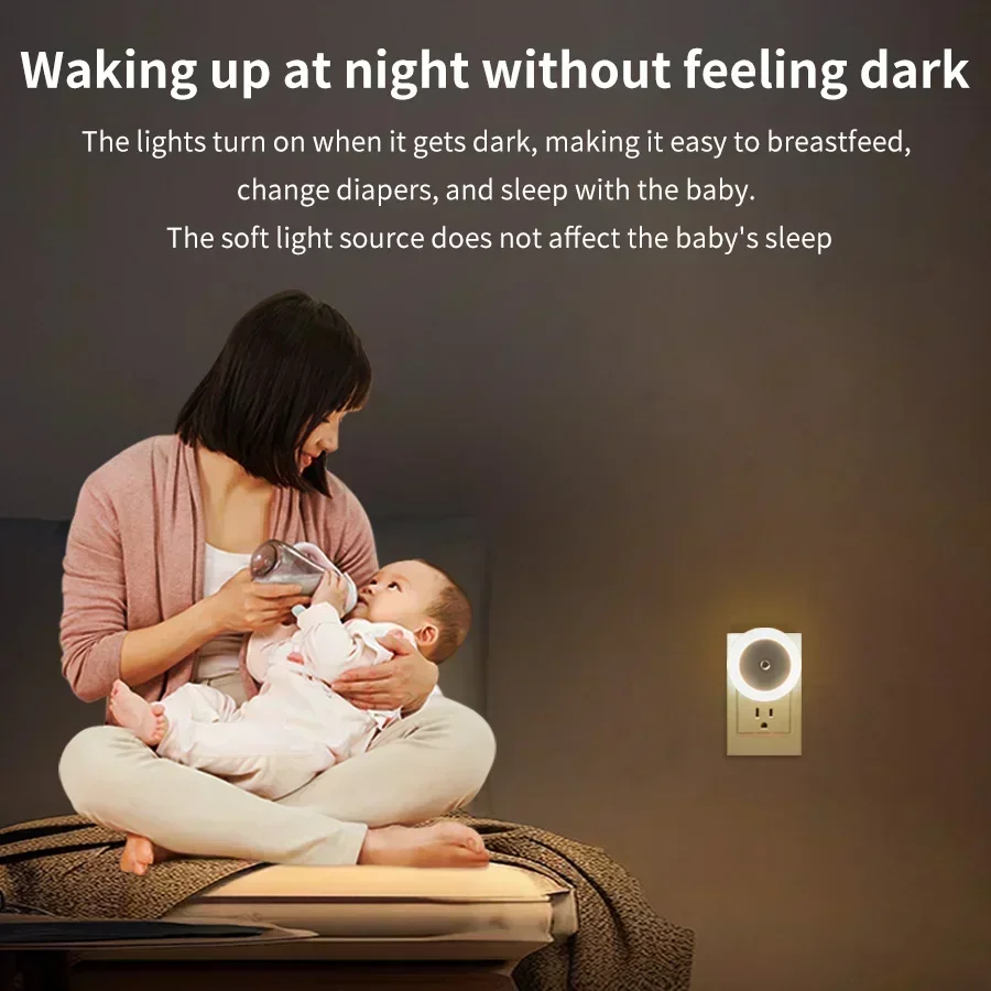 Round LED Night Light with Light Sensor 110-240V US/EU Plug Wall-Mounted Lamp for Bedroom Closet Kitchen Hallway Stairs Washroom