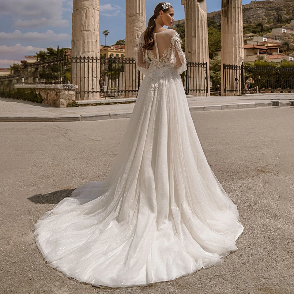 Boho 3D-Blumen A-Linie Lange Puffärmel Strandhochzeitskleider 2026 Prinzessin Perlen Verzierte Applikationen Brautkleid Vestido De Noiva – Detail 4