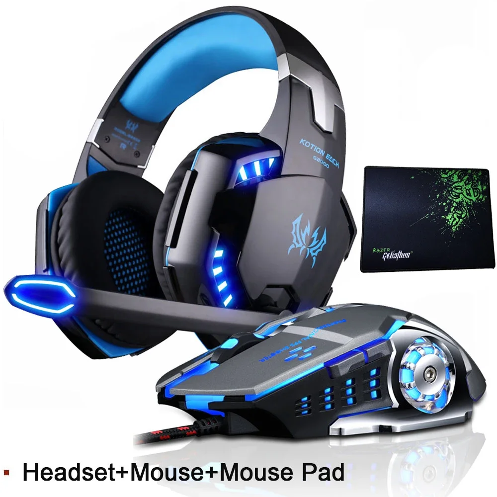 

G2000 Gaming Headset with Microphone LED Light Deep Bass Stereo Game Headphone for PC Laptop PS4+Gaming Mouse+Mice Pad