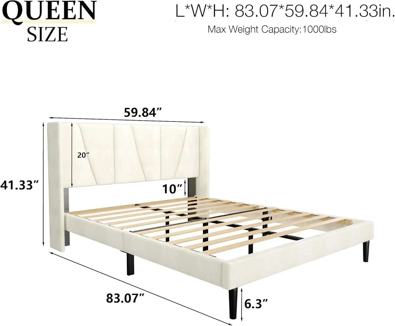 Queen Size Bed Frame with Headboard, Velvet Upholstered Platform Bed Frames, 2