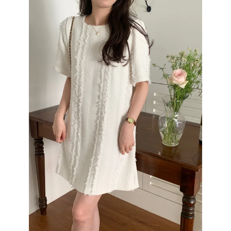 

Small Fragrant Wind Tweed Dress Women Simple O Neck Short Sleeve Loose Casual Korea Tassel Elegant Female Chic Dresses Feminino