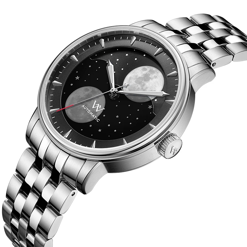 WM Men Automatic Mechanical Lunar Moon Phase Sapphire Waterproof Luminous Twin Moons Watch WM142