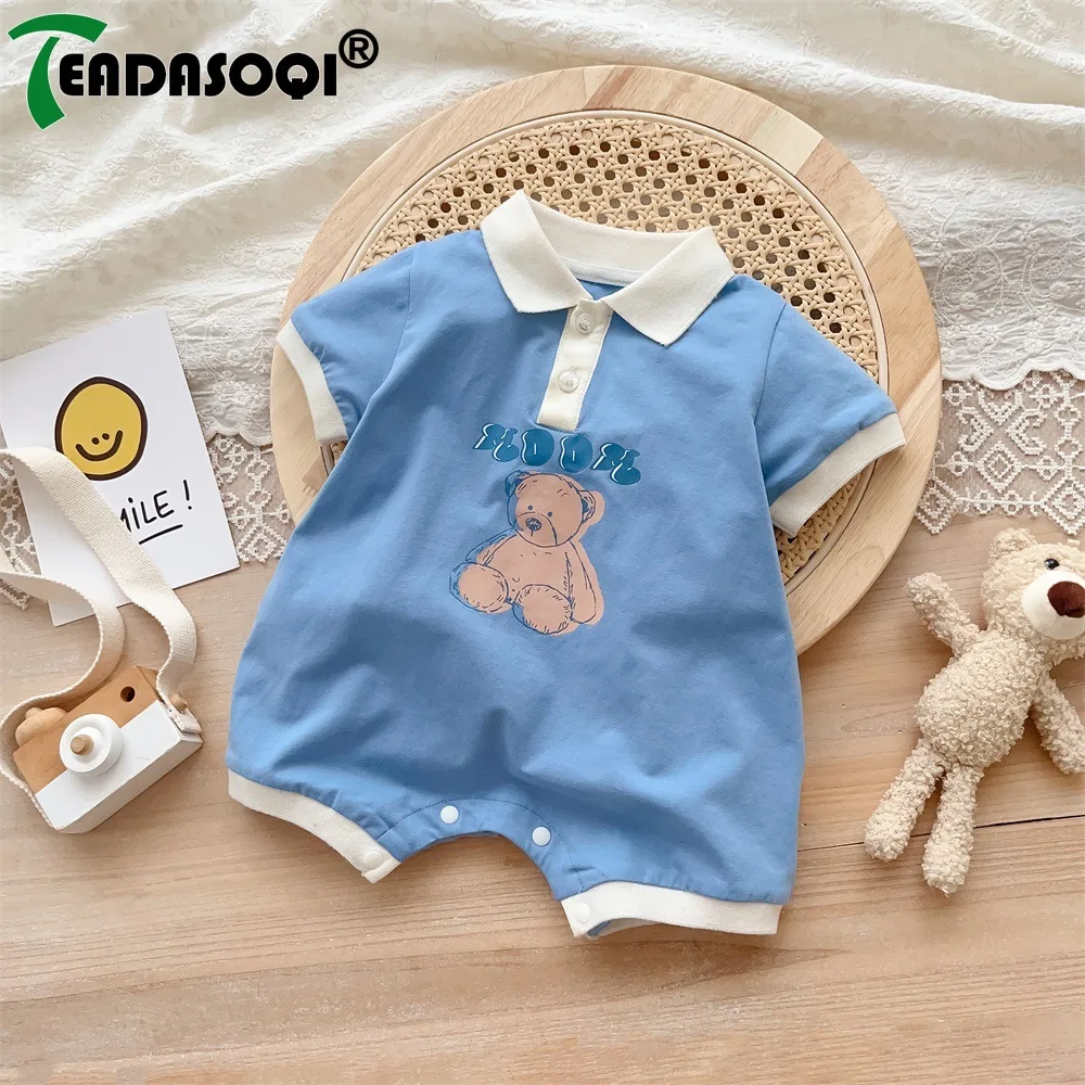 

Summer 2023 Newborn Clothes Cartoon Bear Infant Jumpsuit: Soft Cotton One-Piece Short Sleeve Laapel for Kids Baby Boys 0-24M