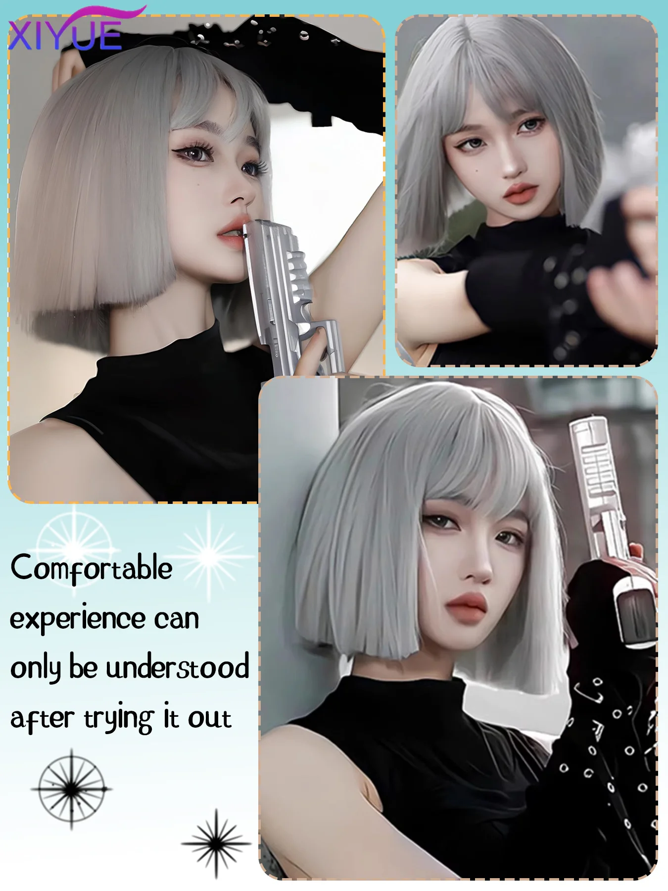 Sliver Gray Bob Wigs with Bangs Short Straight Synthetic Wigs for Women Grey Cute Lolita Party Hair Heat Resistant