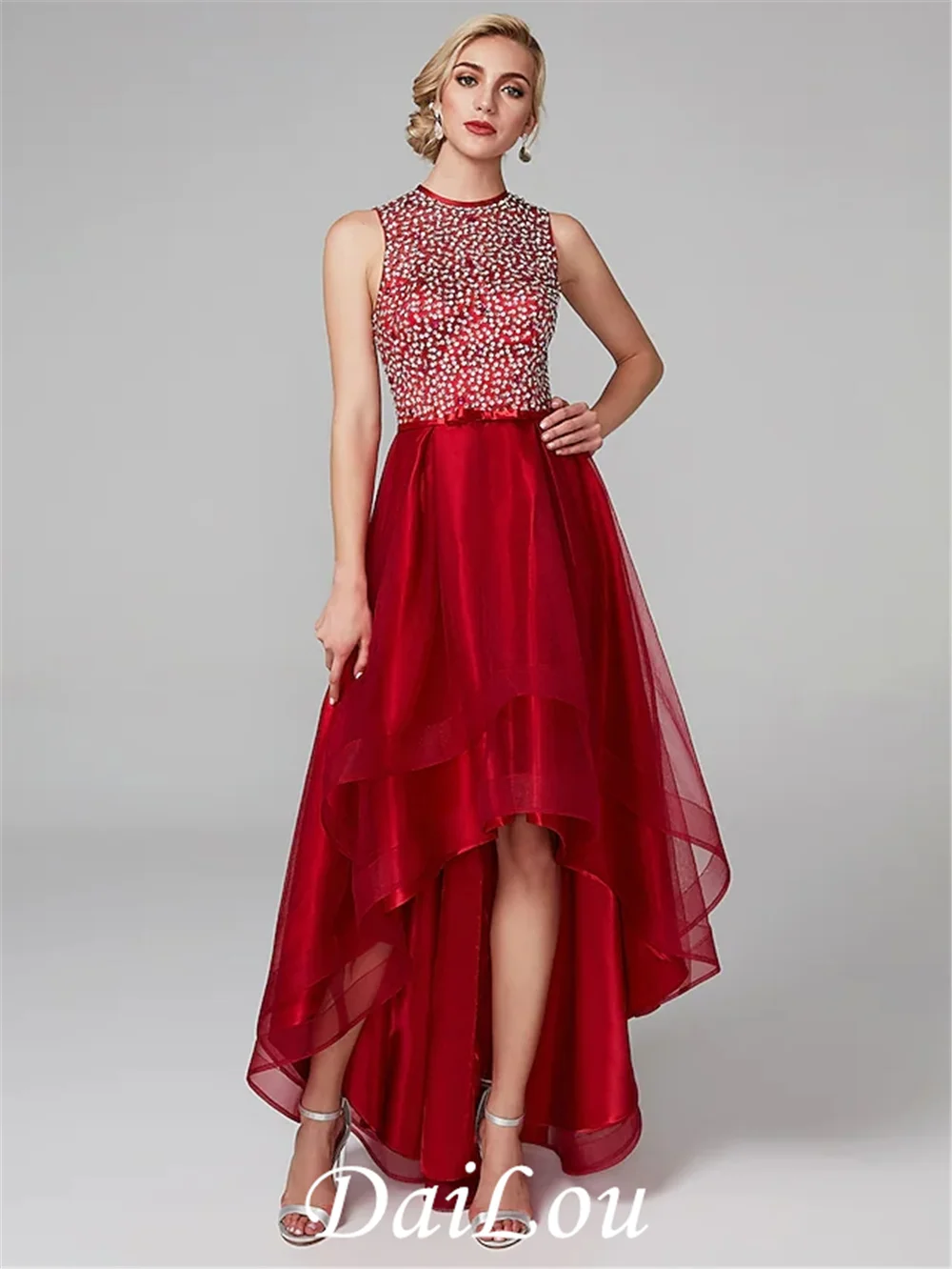 A-Line Sparkle & Shine High Low Keyhole Cocktail Party Prom Dress Jewel Neck Sleeveless Asymmetrical Tulle with Bow(s) Sequin