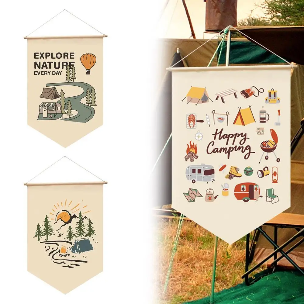 Outdoor Camp Flags Camp Decoration Canvas Hanging Cloth Bunting Home Decorations Camping Banner Spring Travel Kids Room Ornament