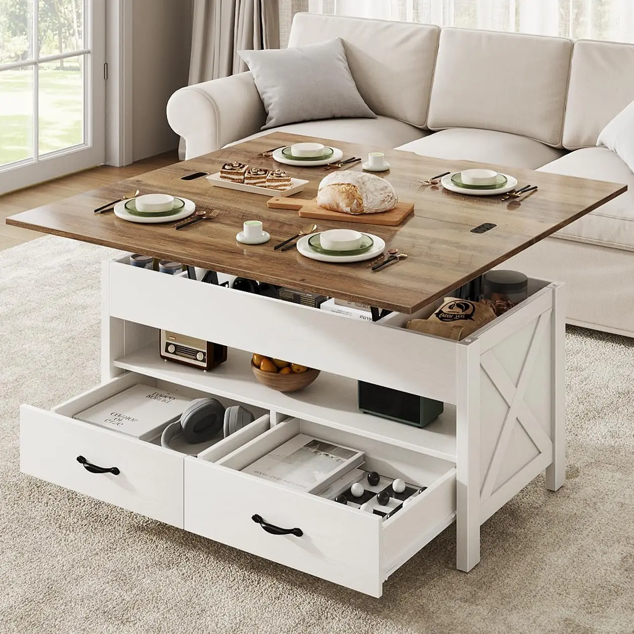 40" Lift Top Coffee Table, 4 in 1 Coffee Table with Hidden Compartment, Multifunctional Farmhouse Center Tables