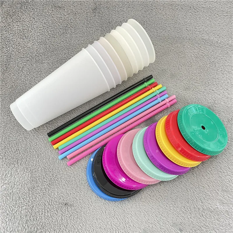 10Pcs Color Changing Cups with Lids and Straws 710ml Plastic Tumblers Cute Iced Coffee Cup Reusable Cups Bulk for Cappuccino