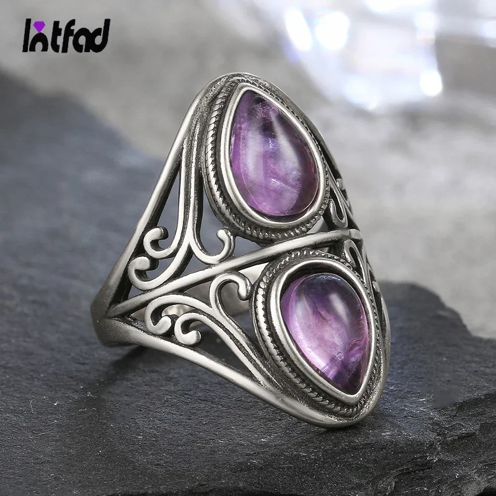 Silver Ring S925 Sterling Vintage With Natural Amethyst Two Stone Waterdrop Shape For Women