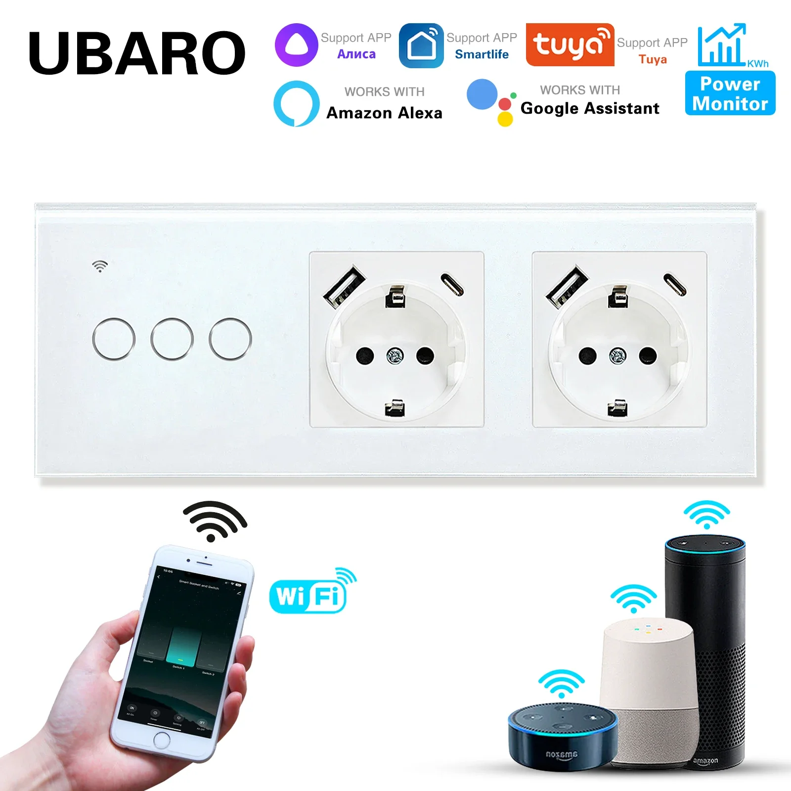 Ubaro-interruptor de Parede Wi-fi Doméstico Inteligente Tuya Interruptores com Plugues Usb tipo c Funciona com Alexa Aplicativo Tuya Smart Life 228 mm Funciona com Tuya