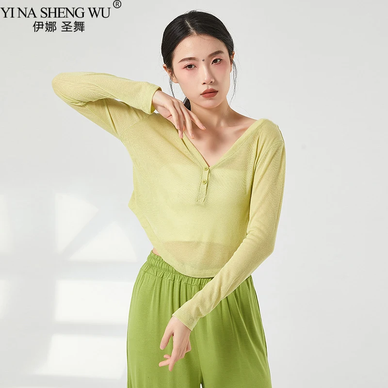 

Chinese Classical Dance Top Adult Loose V Neck Semi Transparent Belly Dance Short Blouse Long Sleeve Top Women Dancing Clothes