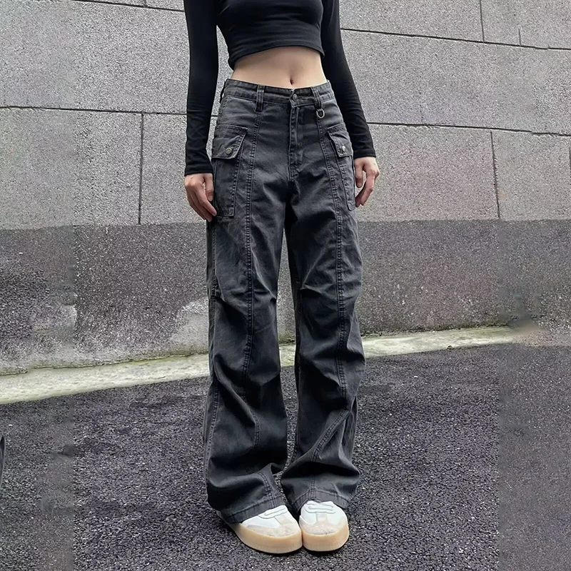 Multi-Pocket Casual Pants Female Straight Cargo Trousers Spring Summer Versatile Solid Color Pants Trendy High Street Trousers