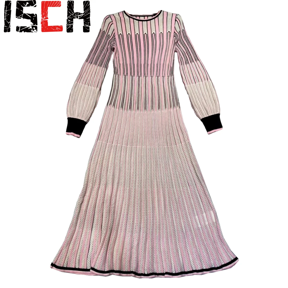 

Fashion Women's Dress Vertical Stripes Knitted Jacquard Slim Long-sleeved Wool Dress in Long 2024 New Formal Office Ladies