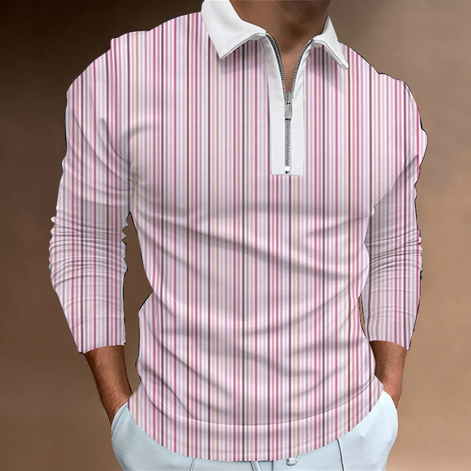 

Male Casual Autumn Splice Color Print T Shirt Turn Down Collar Long Sleeve Tops T Shirt Oversized Tees
