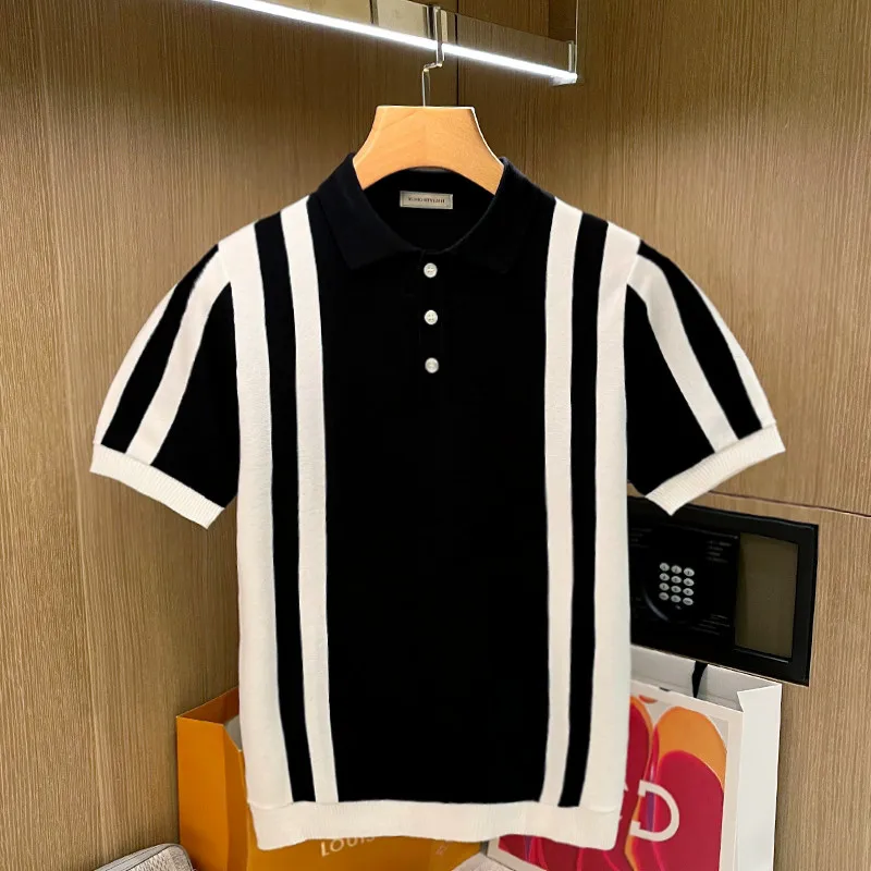 

2024 Men Summer Fashion Short Sleeve Knit Polo Shirt Male Striped Slim Fit Polos Mens Business Casual T Shirt Streetwear D221