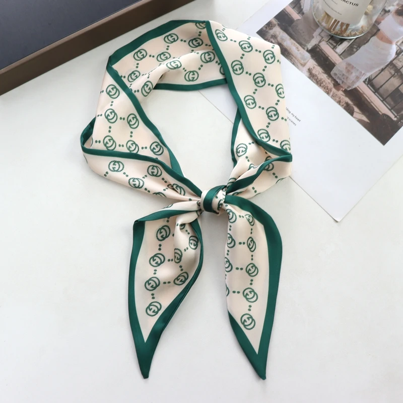 New Checkerboard Print Women Small Silk Scarf Handle Bag Ribbons Female Head Scarves Sharp Angle For Women  100*9cm 3