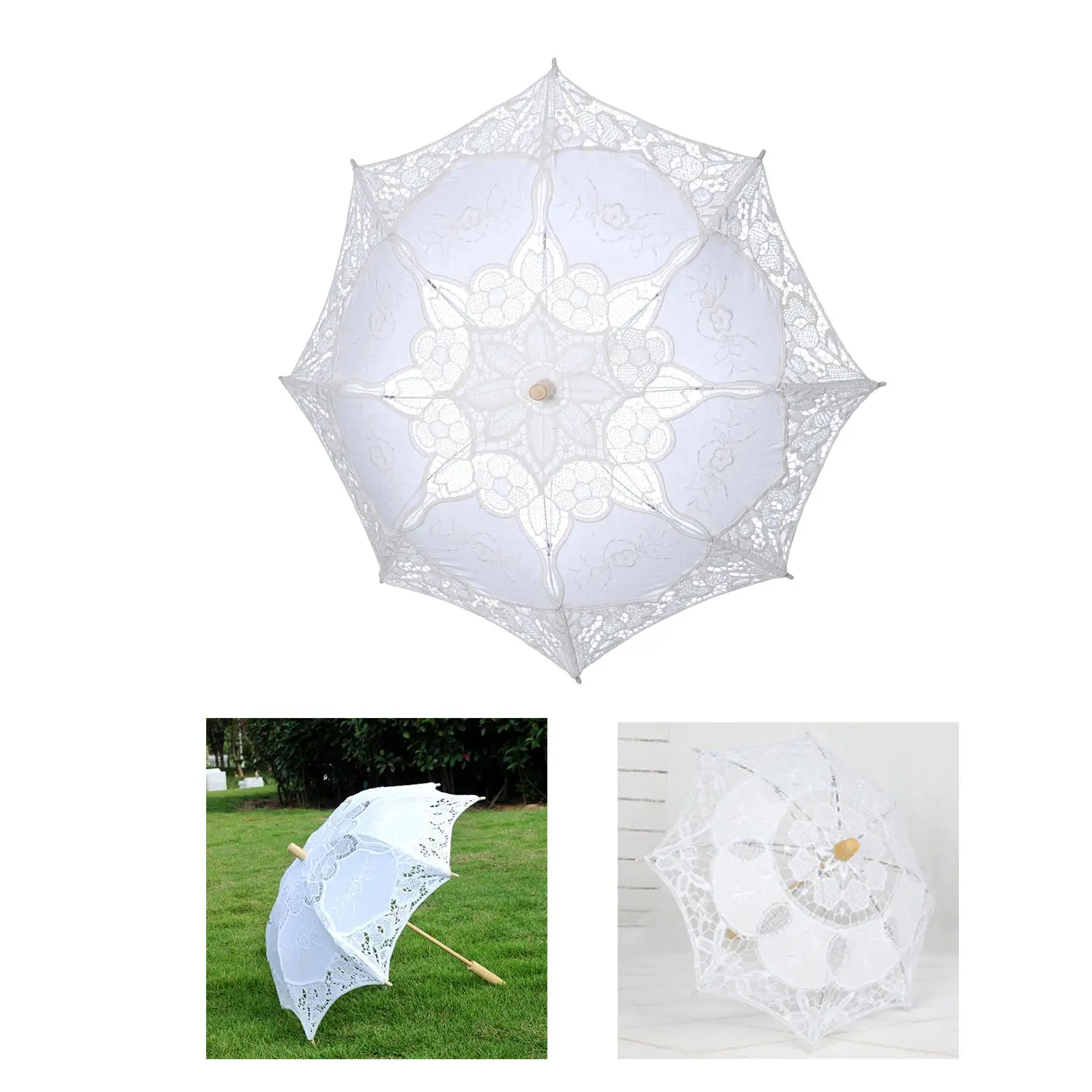 Elegant Lace Umbrella with Wooden Handle for Wedding Photography Prop