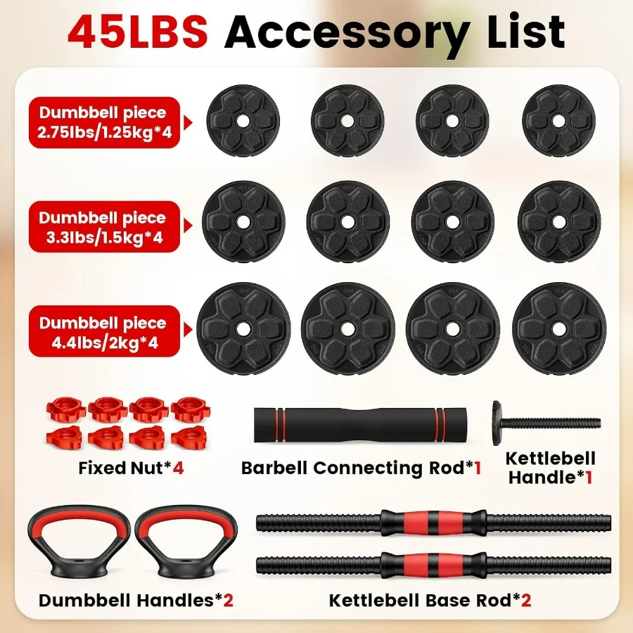 Adjustable Dumbbell Set, 45lbs Free Weight Set with Connector, 4 in1 Dumbbells Set Used as Barbell, Kettlebells, Push up Stand,