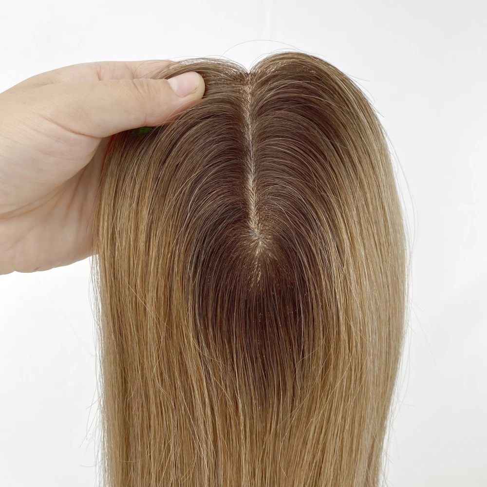Brown Blonde Ombre Remy Human Hair Women Topper With Fringe #4/60 Two Tone Fine Hair Pieces Overlay Air Bangs 14inch 4X5.5inch