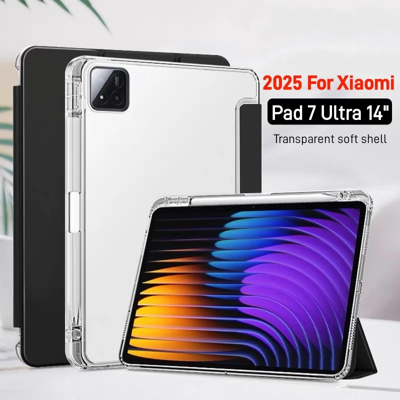 Premium Tri-Fold Leather Smart Case with Pencil Holder & Transparent Stand Cover