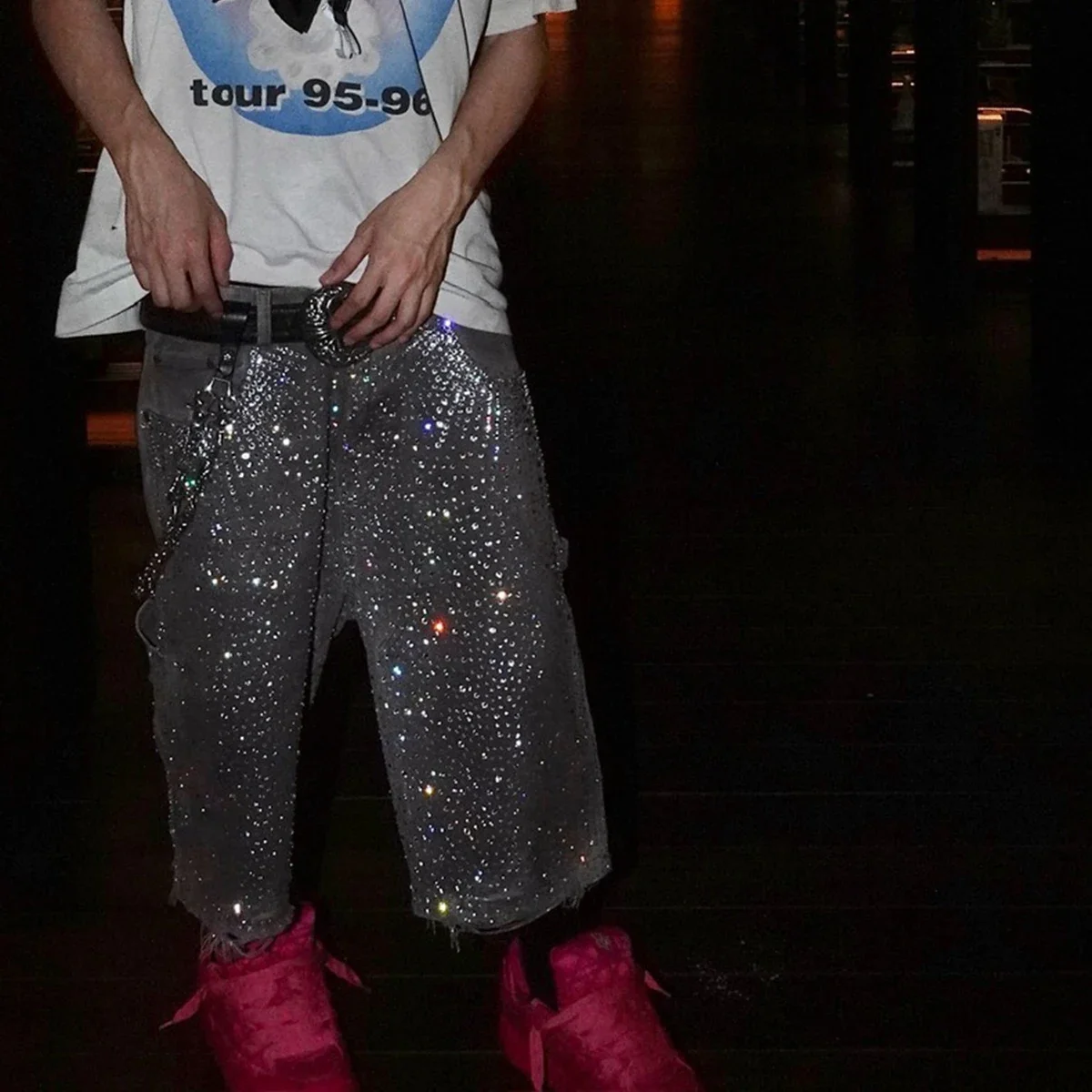 Streetwear Full Rhinestone Print Baggy Jeans Shorts for Men Ripped Hole Washed Short Casual Loose Denim Five Point Pants
