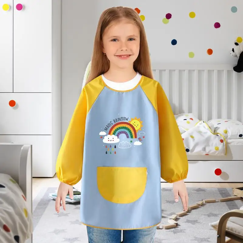 New Arrivals Long Sleeved Gown Cartoon Print Children's Bib Waterproof Kids Boys Girls Art Craft Painting Drawing Apron