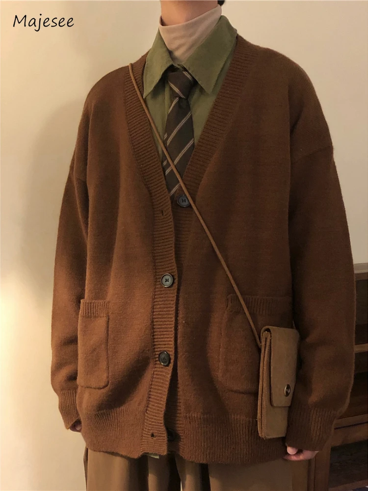 Cardigans Men Retro Simple Streetwear Autumn Winter Warm V-neck Solid Pocket Popular American Style Male Knitting Casual Daily