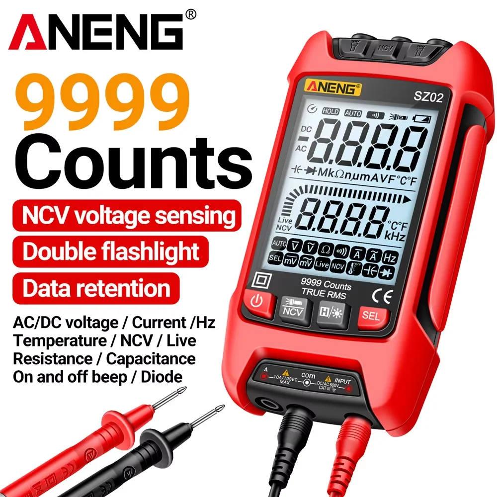 Multímetro Digital ANENG SZ02 com 9999 Contagens, Medição de Tensão AC/DC, Corrente, Temperatura, Capacitância, NCV, Testador de Fio Vivo e Neutro, Luz de Fundo HD Dupla