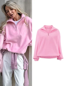 Felpe con cappuccio da donna casual Colletto rovesciato Cerniera Manica intera Pullover femminile solido allentato 2025 Autunno Sport Fashion Lady Pullover 1