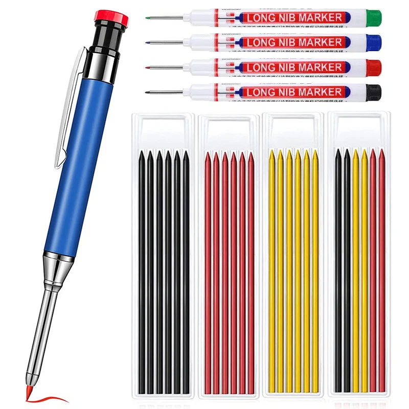 8 Pieces Solid Carpenter Pencils with 48 Refill Leads Construction Carpenter Pencil Deep Hole Mechanical Pencil Woodworking Pencil with Sharpener for Wood Flooring Marker Carpenters Drawing Scriber 