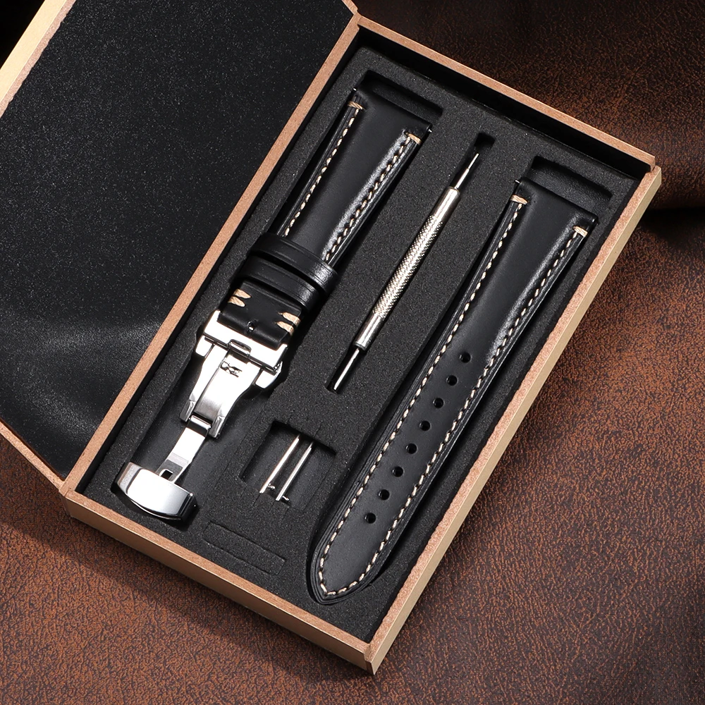 Luxurious Genuine Leather Wrist Bracelet with Butterfly Clasp - Elegant Watch Band Accessory with Gift Box