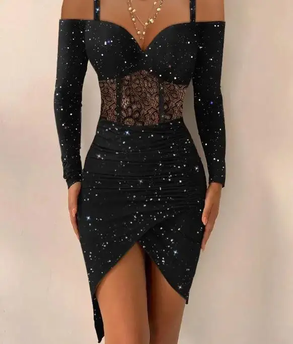 

Elegant Party Dresses for Women 2024 Cold Shoulder Long Sleeve Ruched Glitter Skinny Summer Fashion Contrast Lace Sexy Dress