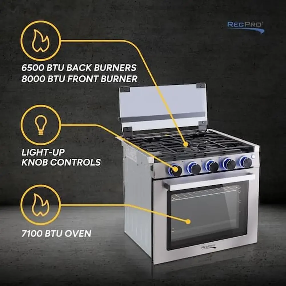 Gas Range Stove 21" Tall 6500/8000 BTU Three Burner 7100 BTU Oven 1.8 Cu. Ft Capacity Optional Vented Stainless Steel/Black RV