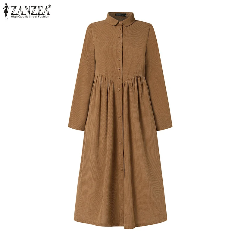 Frauen Herbst Cord Kleid ZANZEA Casual Langarm Buttons Up Sommerkleid Solide Lose Urlaub Vestido Kaftan Vintage Hemd Kleid – Detail 13