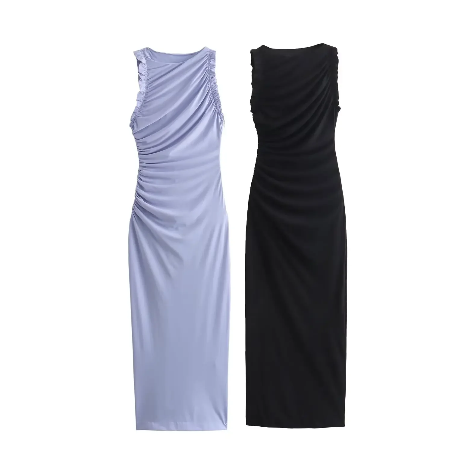 

Women's New Chic Fashion Ruffle Edge Decoration Slim Fit Pleated Midi Dress Vintage Sleeveless Side Zipper Women's Dress Mujer