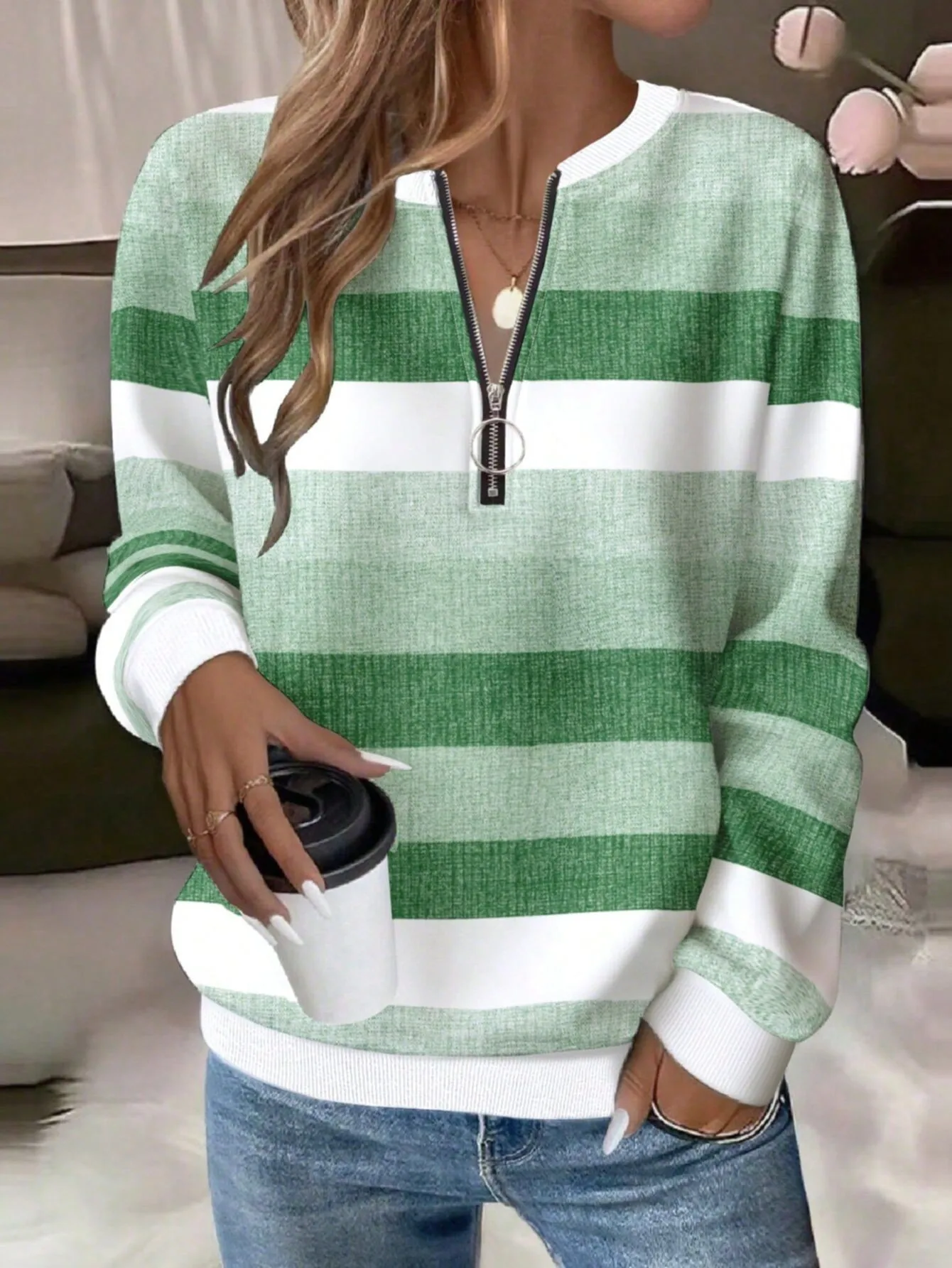 Casual Zipper Hoodie with Regular Fit Mid Length Japanese Korean Casual Digital Print Long Sleeve Striped Spring Women Hoodie