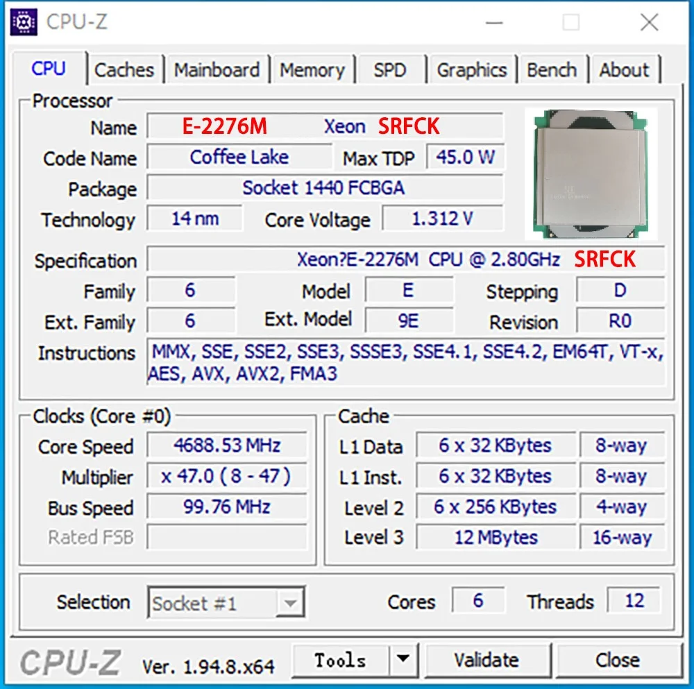 ũž CPU XEON E-2276M SRFCK Ŀ ũ  μ, 6C, 12T, 2.8GHz, LGA1151