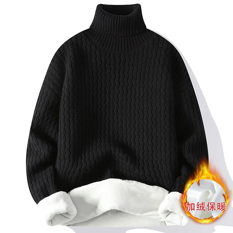 

New Winter Fleece Turtleneck Sweater Men Warm Knit Pullovers Mens Casual Knitted Sweaters Solid Color Turtleneck Knitwear Man