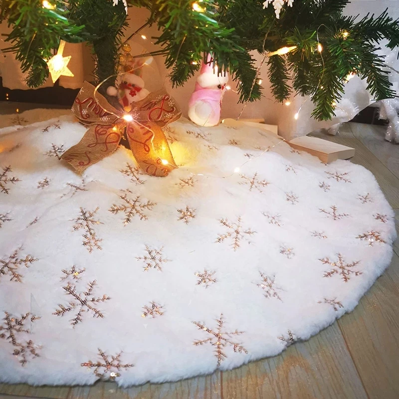 Christmas Tree Skirt Faux Fur Carpet Golden Snowflake White Plush Mat For Home
