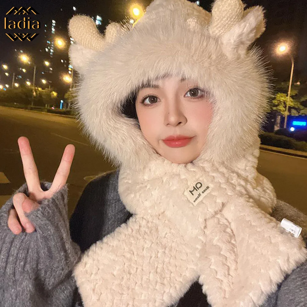 Winter Hat Scarf Set Women Thick keep Warm Multifunctional Faux Fur Knitted Girl's Gift Two-in-one Pieces
