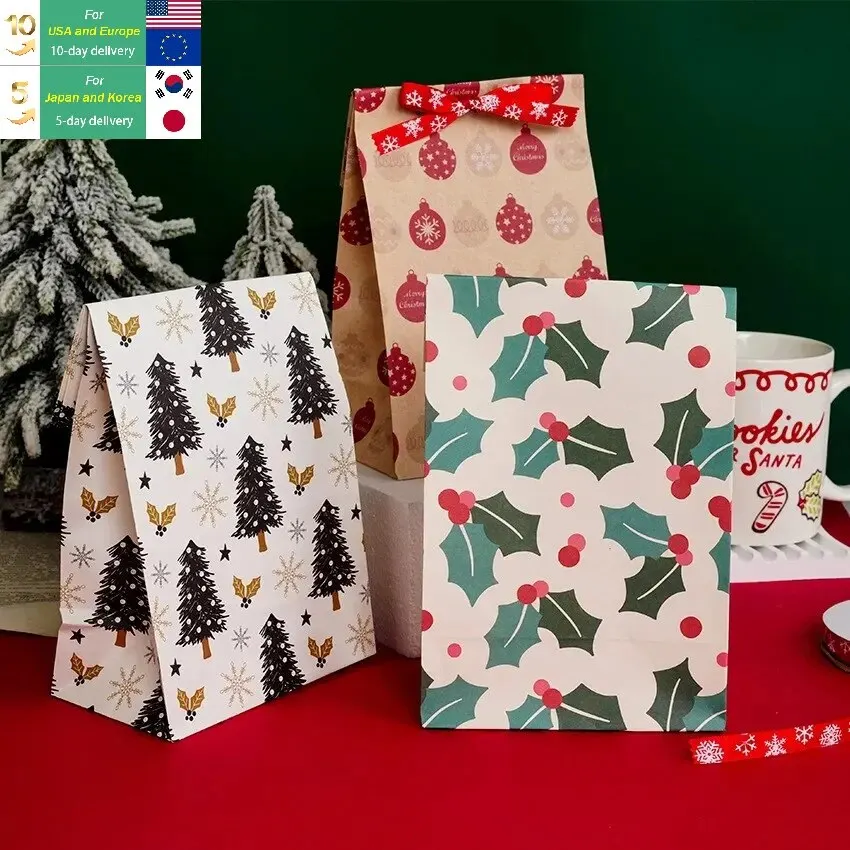8pcs/12pcs Kraft Paper Candy Cookie Bag Santa Claus Snowman Christmas Gift Packing Bags Party Decor Supplies