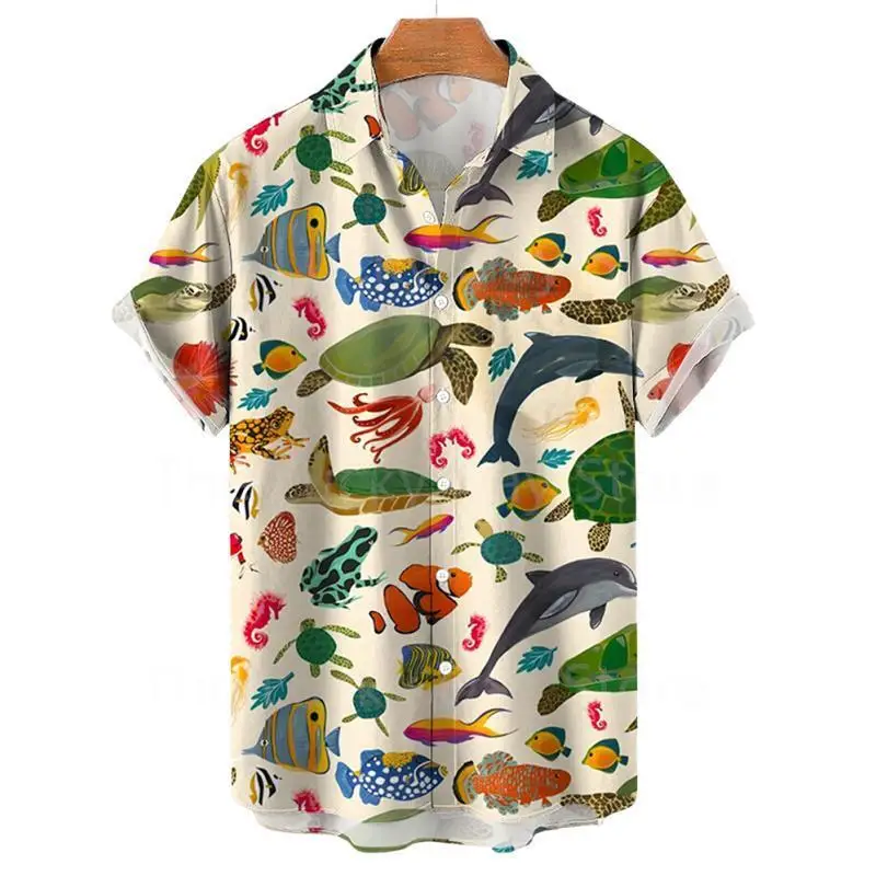 thumbnail image 1 of Camisas hawaianas para hombre, camiseta informal con estampado 3D de peces, camiseta de verano de gran tamaño con estampado de dibujos animados, elegante camisa de playa para vacaciones, 1 of 5