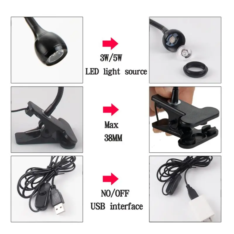 

Power Supply Desk Lamp with Clip Holder Rechargeable USB Led Table Lamp Flexible Foldable Eye Protection Reading Book Lights