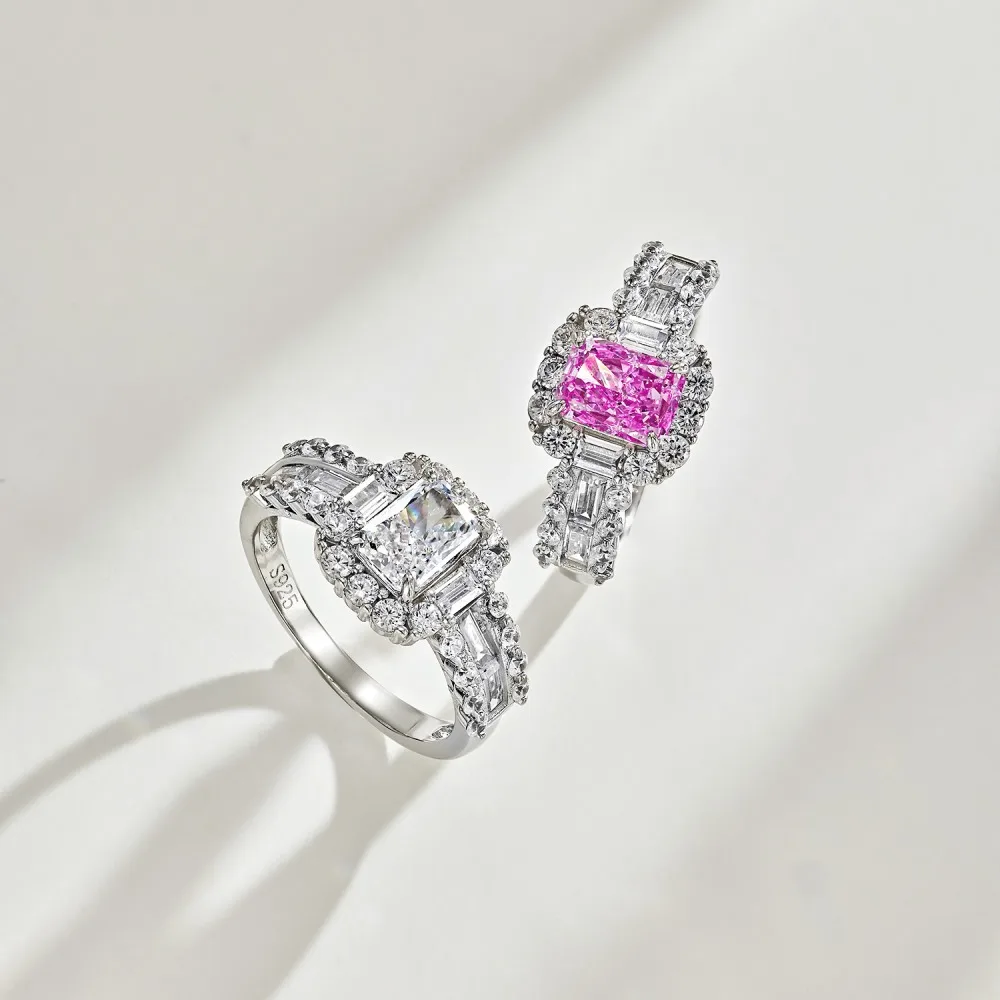 

S925 Sterling Silver Rectangular Rings Women 5 * 7mm Ice Flower Diamond Finger Ring Female Shiny 8A Zircon Luxury Jewelry Gift